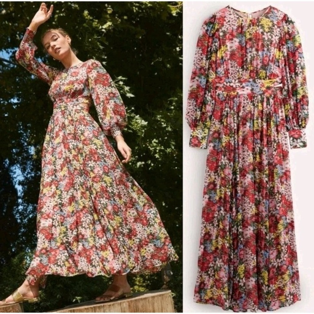 Boden Curved Waist Maxi Dress in Multi Moire Bloom Size 12 Large Bohemian Floral